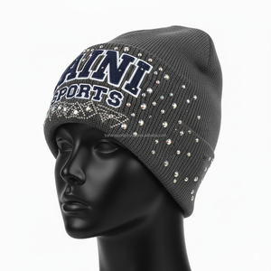 Bonnet Femme Premium 360 GSM Acrylique Tricot Doux Chaud Tissu Extensible Gris Couleur Strass Jacquard Bonnet - Product Image 4