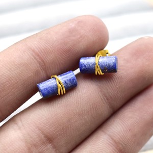 Natural Lapis Lazuli Tube <b>Stud</b> Earring Gold Plated Wire Wrapped Gemstone <b>Stud</b> Earring, Valentine Gift jewelry - Product Image 1