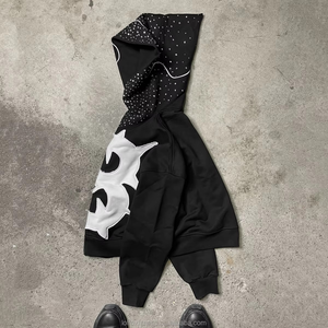 Personalizado 3D bordado de peso pesado Streetwear French Terry Patch Crystal Rhinestones Boxy Oversized Fit Drop Shoulder Zip Hoodie - Product Image 3