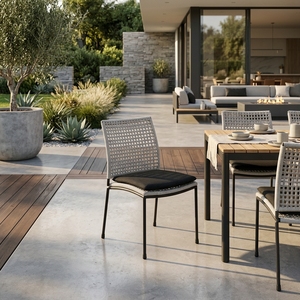 <b>White</b> Woven Modern Metal Outdoor Dining <b>Chair</b> Iron Pipe Frame Synthetic Ropes Fabric Cushion Setup - Product Image 5