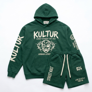 Custom Mens green Pullover Hoodie Shorts <b>set</b> Tracksuit <b>Set</b> Graphic Streetwear Heavyweight OEM Private Label B2B Manufacture - Product Image 1