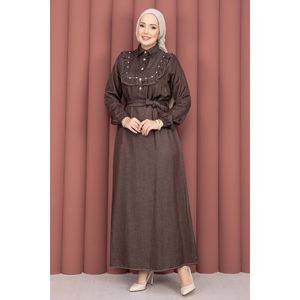Robe en denim Tencel marron à col volanté, demi-boutonnée, style chemise décontractée simple pour l'été, manches courtes, coupe droite - Product Image 1