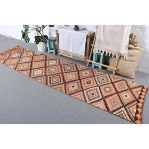 2.8x10.7 ft Kilim Vintage Rug, <b>Brown</b> Polka dot Turkish Rug <b>Wool</b> - Product Image 2