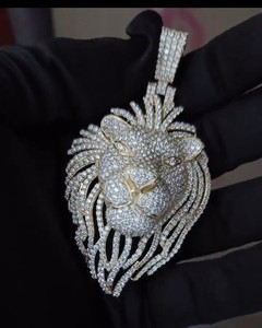 Pendentif en forme de lion serti de diamants cultivés en laboratoire certifiés GIA, taille brillant, or massif 9 carats, pour homme, bijoux de luxe tendance, cadeau - Product Image 1