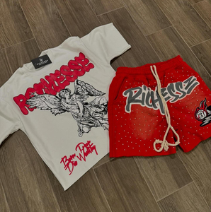 Short personnalisé Streetwear vintage délavé à l'acide Ensembles courts de broderie sérigraphie avec strass pour hommes - Product Image 2