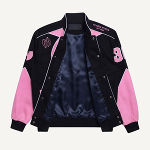 Custom Pink & Black Unisex Oversized Racer/<b>Bomber</b>/Streetwear <b>Jacket</b> Embroidered Patch % Cotton Quick Dry Breathable Plus Size - Product Image 3