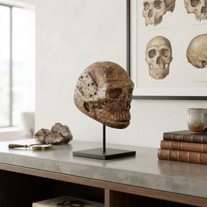 Handcrafted <b>wooden</b> human skull stand sculpture <b>rustic</b> teak carved gothic statue metal base table accent decor setup display unit - Product Image 2