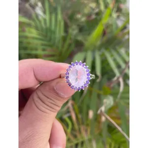 <b>925</b> <b>Silver</b> Vintage <b>Ring</b> <b>with</b> Rose Quartz & Amethyst Rhodium & Gold Plated Bezel Setting Men's Jewelry Gift - Product Image 1