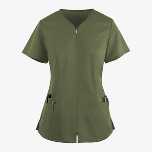 Alta calidad señoras Doctor Hospital médico Scrubs Jersey personal femenino médico cremallera manga corta Jersey Tops en Nuevo diseño - Product Image 2