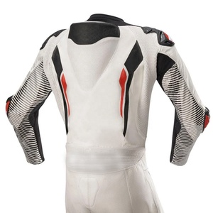 Traje de cuero para motocicleta para hombre, protección para montar en motocicleta, traje de carreras de cuero genuino 100%, Blanco completo con negro rojo de una pieza - Product Image 3