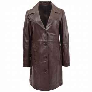 Manteau de voiture en cuir véritable marron foncé pour femmes, veste vintage mi-longue à boutons, veste décontractée pour femmes, coupe ajustée, trench-coat pour la marche - Product Image 1