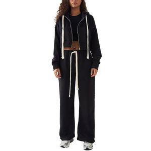 Custom Logo Solid <b>Black</b> Acid Wash Fleece Streetwear Hoodie Women's Full Zipper <b>Long</b> Length White Drawstring <b>Crop</b> Top - Product Image 3