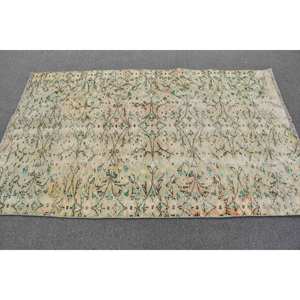 Alfombra turca vintage de 3,8x6,3 pies, área grande clásica, lana verde y Beige con patrón rectangular abstracto, respaldo de látex para uso en el pasillo - Product Image 3