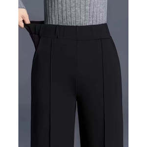 Pantalon en crêpe importé pour femme, taille haute, côtelé devant, ourlet large, 31137 - Noir - Product Image 4