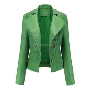 Chaquetas de cuero verde para mujer Slim Fit Moto Style Tachonado Hombros Asimétrico Zip Biker Prendas de abrigo con bolsillos con cremallera - Product Image 1
