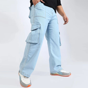 Jean cargo homme délavé, grande taille, coupe ample, taille mi-haute, en denim de coton, style décontracté, poches plaquées, tissu tissé, fermeture boutonnée - Product Image 1