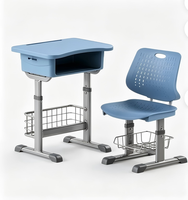 Ensemble de mobilier de classe moderne bleu brumeux : Bureau et chaise d'écolier réglables en hauteur, table d'étude écologique double