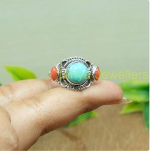 แหวนเทอร์ควอยซ์แอริโซนา แหวนปะการังแดง แหวนเงินแท้ 925 แหวนดีไซน์แฮนด์เมด แหวนสเตทเมนท์ - Product Image 3