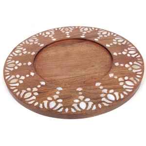 Assiette en bois d'acacia avec incrustation de nacre ronde, plat de service écologique, forme ovale, finition polie, cadeau d'affaires - Art indien - Product Image 6