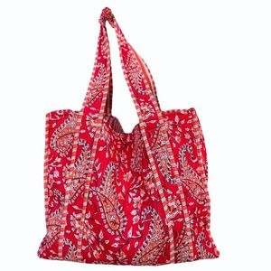 Hand Block Printed Cotton Quilted Shopping Tote <b>Bag</b> Recyclable Washable Lightweight Beach <b>Bag</b> <b>Long</b> Flower Medium Daily Food - Product Image 1