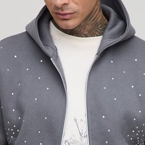 Venta al por mayor gris personalizado diamantes de imitación diseño hombres sudaderas con capucha transpirable respetuoso del medio ambiente invierno sudaderas con capucha Streetwear Casual hombres impreso Sudadera con capucha - Product Image 4