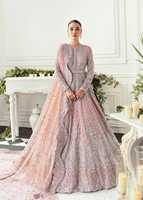 Hochgeschlossenes, langärmliges, besticktes Chiffon-Ballkleid, bodenlang, mit Schleppe, in Bonbonfarben, klassischer Stil.