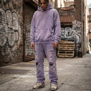 Plus Size Winter Sun Faded Acid Wash Printed Hooded Tracksuit Custom Unisex Vintage Flared Sweatpants Streetwear Jogging Set - Product Image 1