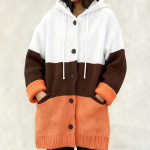 <strong>Women's</strong> Button-Up <strong>Long</strong> Sleeve Open Front Sweater with Pockets Plus-Size Striped Color-Block <strong>Hooded</strong> <strong>Long</strong> Sweater <strong>Cardigan</strong> - Product Image 4