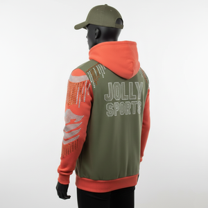 Premium 320 GSM Fleece Pullover <b>Hoodie</b> Olive Green and <b>Orange</b> Color Contrast Panels Custom Logo Rhinestone Basics <b>Hoodie</b> - Product Image 4