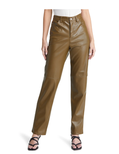 Pantalones elegantes holgados de pierna recta de cuero PU de cintura alta para mujer, ropa de calle transpirable, botón frontal plano, cintura media, estilo de invierno - Product Image 3