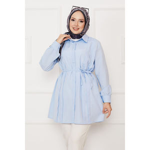Camisa Hijab Azul Celeste Larga con Botones Ocultos y Detalles Plisados, Blusa Modesta - Product Image 2