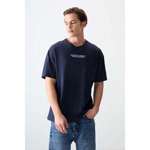 Camiseta de Hombre Azul Marino 100% Algodón Jersey Grueso Suave Texturizado Corte Holgado Estampada-88356 - Product Image 6