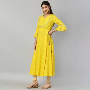 Anarkali Kurta en coton cambric imprimé Butti doré, Shalwar Kameez lourd cousu, Lehenga jaune pour soirée, style indien - Product Image 2