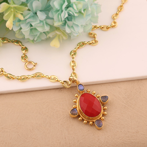 Collier pendentif en labradorite de feu bleu naturel et corail collier de perles de créateur plaqué or 18 carats collier de grains de café fait main - Product Image 3