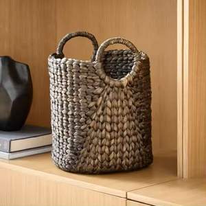 Handmade <b>Water</b> <b>Hyacinth</b> <b>Basket</b> with Leather Wrapped Handles for Decorative Storage and Home Organization - Product Image 2