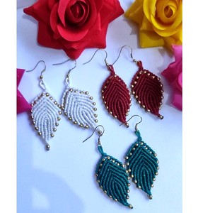 Made in India Macrame <b>Earring</b> With <b>Small</b> Brass Beads Finding Leaf Shape Brass Dangle <b>Earring</b> Wire Wrap for New Year Gift - Product Image 3