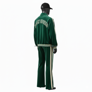 Luxury 280GSM Velour <b>Men</b> Tracksuit Rich <b>Green</b> Color Custom Logo Embroidery Chenille Badges Comfortable Fit Tracksuit - Product Image 4