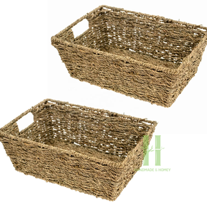 Lot de 2 Paniers rectangulaires en jonc de mer avec couvercle Paniers de rangement tissés Style bohème Capacité 10-20L Emballage OEM Fabricant du Vietnam - Product Image 2