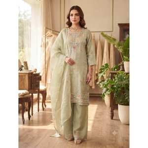 Ensemble Kurta Palazzo Dupatta en Soie Brodé Écologique et Élégant pour Femme, Tenue Quotidienne en Chiffon à Manches Trois-Quarts, Printemps-Été - Product Image 1
