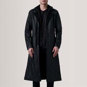 Charlton Men's Black Sheepskin Leather Gothic Winter Overcoat <b>Quilted</b> Polyester Lining Notch Collar <b>Wool</b> Filling Fur Decoration - Product Image 1