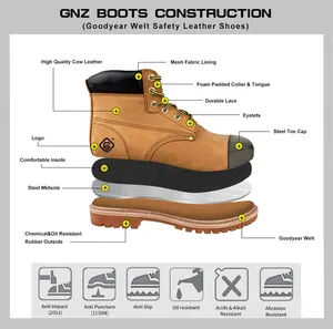 Hot Selling Working Footwear Construction Site Ankle 5 Inch Yellow Steel Toe Steel Plate Nubuck Goodyear Welt Safety Work Shoes