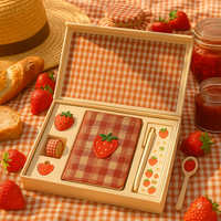 LABON Coffret cadeau de carnet Vichy fraise avec couverture en tissu Stylo journal Washi Tape Stickers et accessoires mignons
