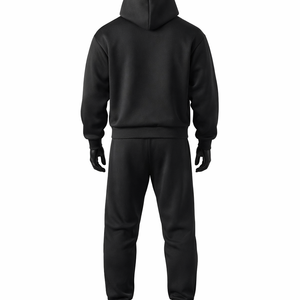 Conjunto de chándal de forro polar grueso para hombre, con sudadera con capucha negra de cremallera completa y pantalones jogger holgados, estilo urbano, OEM personalizado - Product Image 2