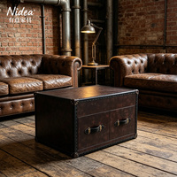 Table basse vintage en cuir marron style coffre, avec 2 tiroirs de rangement et doublure en velours noir, table d'appoint rétro style campagne