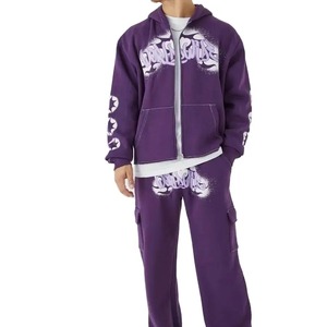 Chándal con capucha y cremallera personalizado para hombre, conjunto de pantalones de chándal con parche bordado acampanado apilado, primavera sólida - Product Image 1