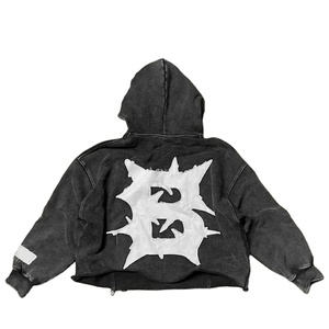 Custom Vintage Embroidery Acid Wash <b>Full</b> <b>Zip</b> up Mens 100% Soft Combed Cotton Denim Heavyweight 3d Patches Distressed <b>Hoodie</b> - Product Image 5