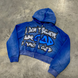 Custom Zip up DTG Impresión de logotipo Invertida Stich Vintage Distress Sun Faded Raglan Sleeves Acid Wash Distress Hoodie - Product Image 4