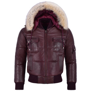 <b>Men's</b> Maroon Leather Flight <b>Jacket</b> Faux Fur Hood <b>Warm</b> Padded Winter Bomber Coat Ribbed Hem Custom Factory Wholesale - Product Image 3