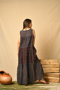 Bohemian Ajrakh Printed 100% Cotton Maxi <b>Dress</b> Handcrafted Ethnic Long Ruffle Geometric Motif for Rust Fusion Indigo Casual - Product Image 2