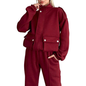 Elegante mujer Crop-Top Chándal Elegante cuello alto Chaqueta con cremallera de algodón puro con bolsillos utilitarios y pantalones de Jogger Relax Fit - Product Image 2